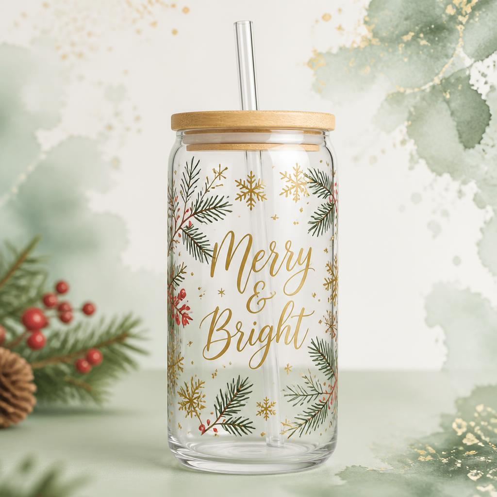 Merry & Bright Christmas Glass Can