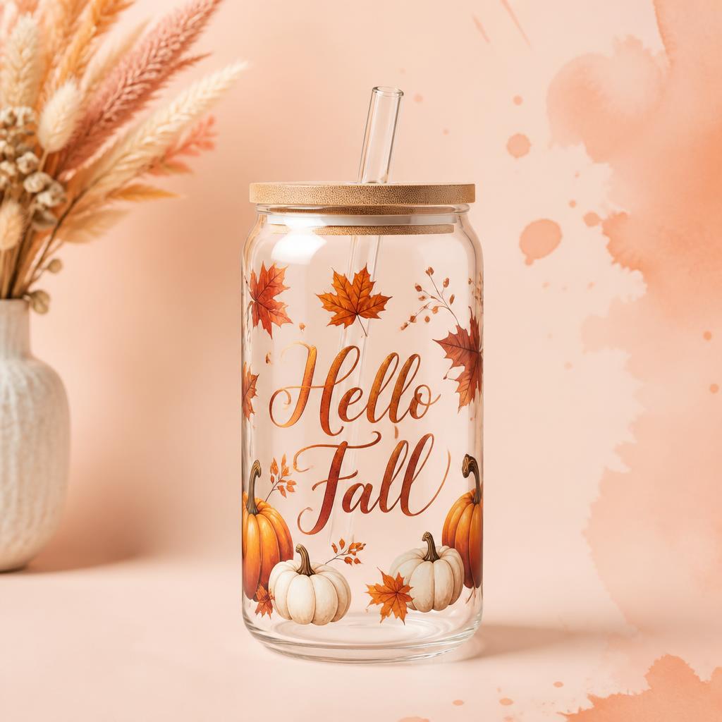 Hello Fall Glass Can